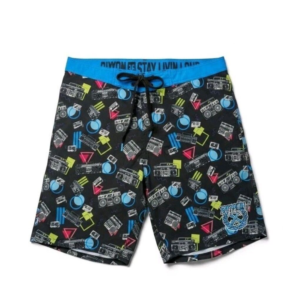 DIXXON Livin Loud Boardshorts Mens 36 Swim Trunks Boom Box Print Party Crest